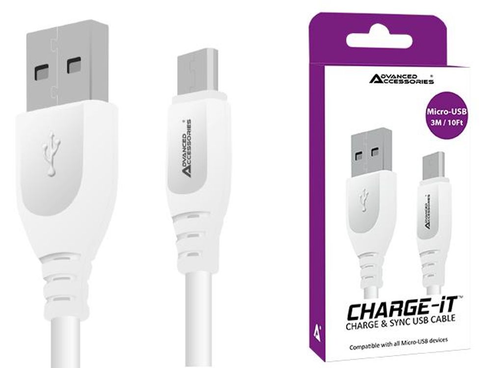 Advanced Accessories CHARGE-IT Micro USB Cable - 3 Metres-White
