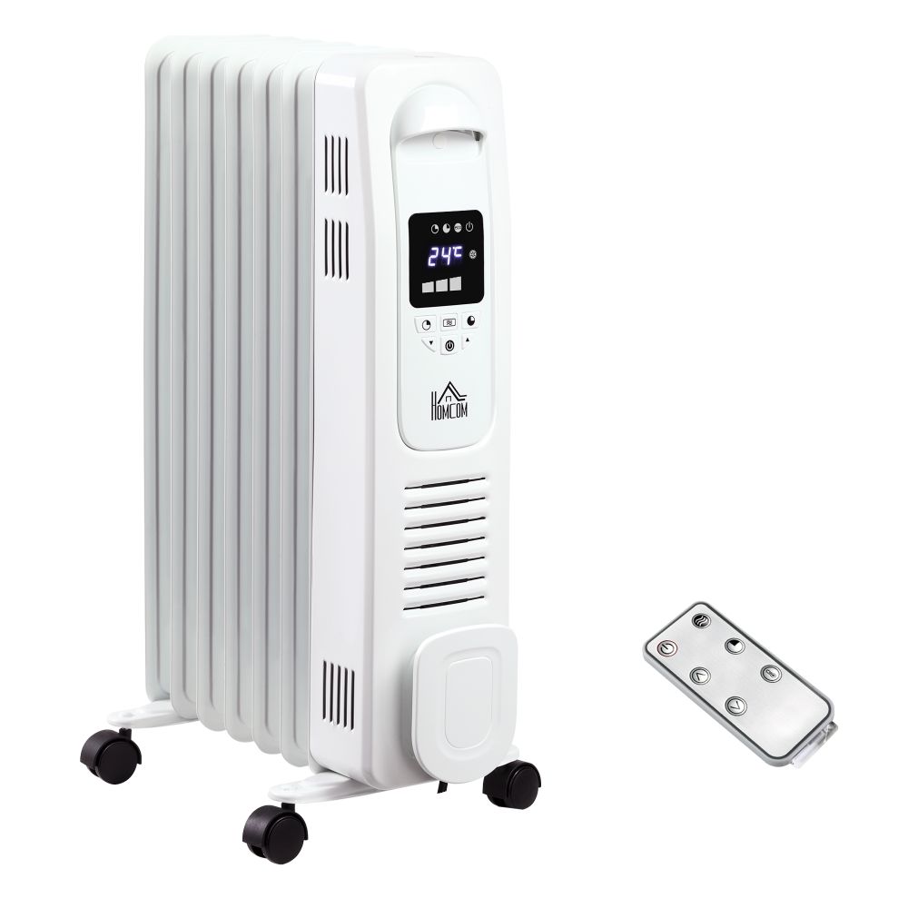 1630W Oil Filled Radiator, 7 Fin Portable Heater w, Timer Remote Control White