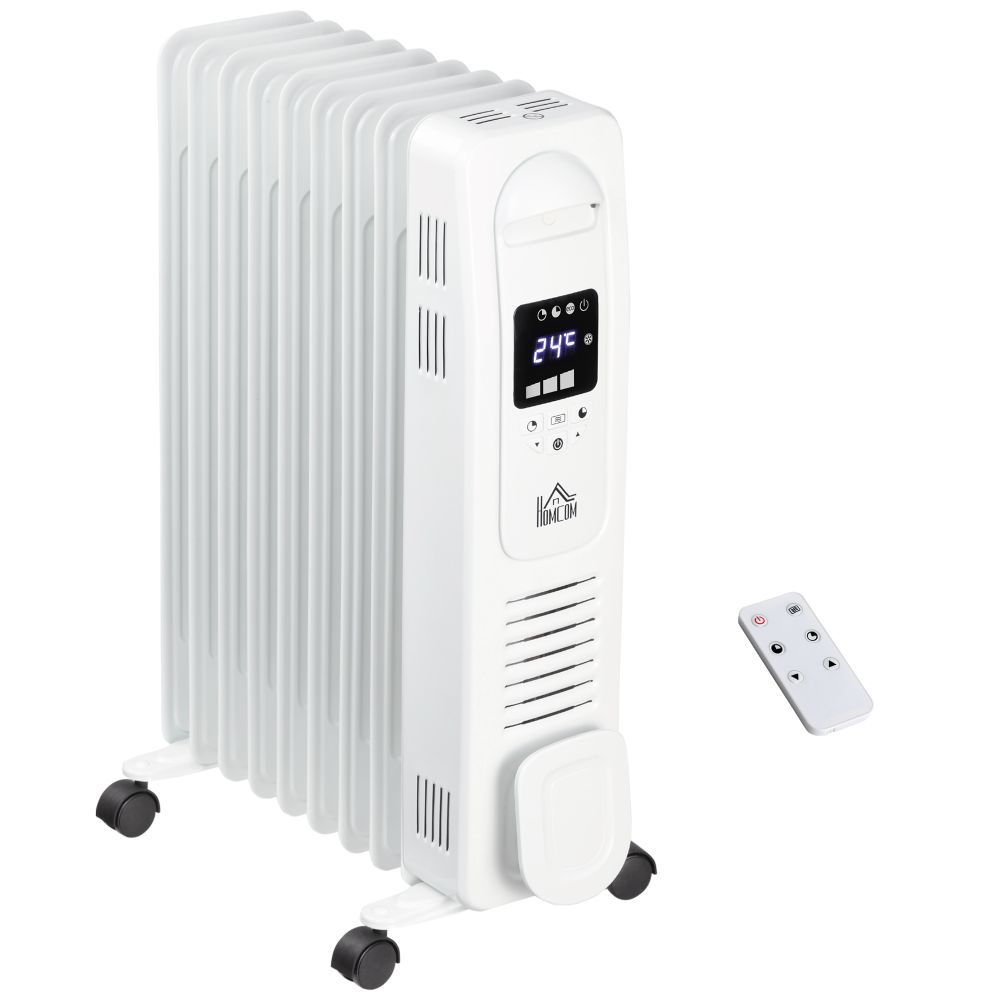 2180W Oil Filled Radiator, 9 Fin Portable Heater w, Timer Remote Control White