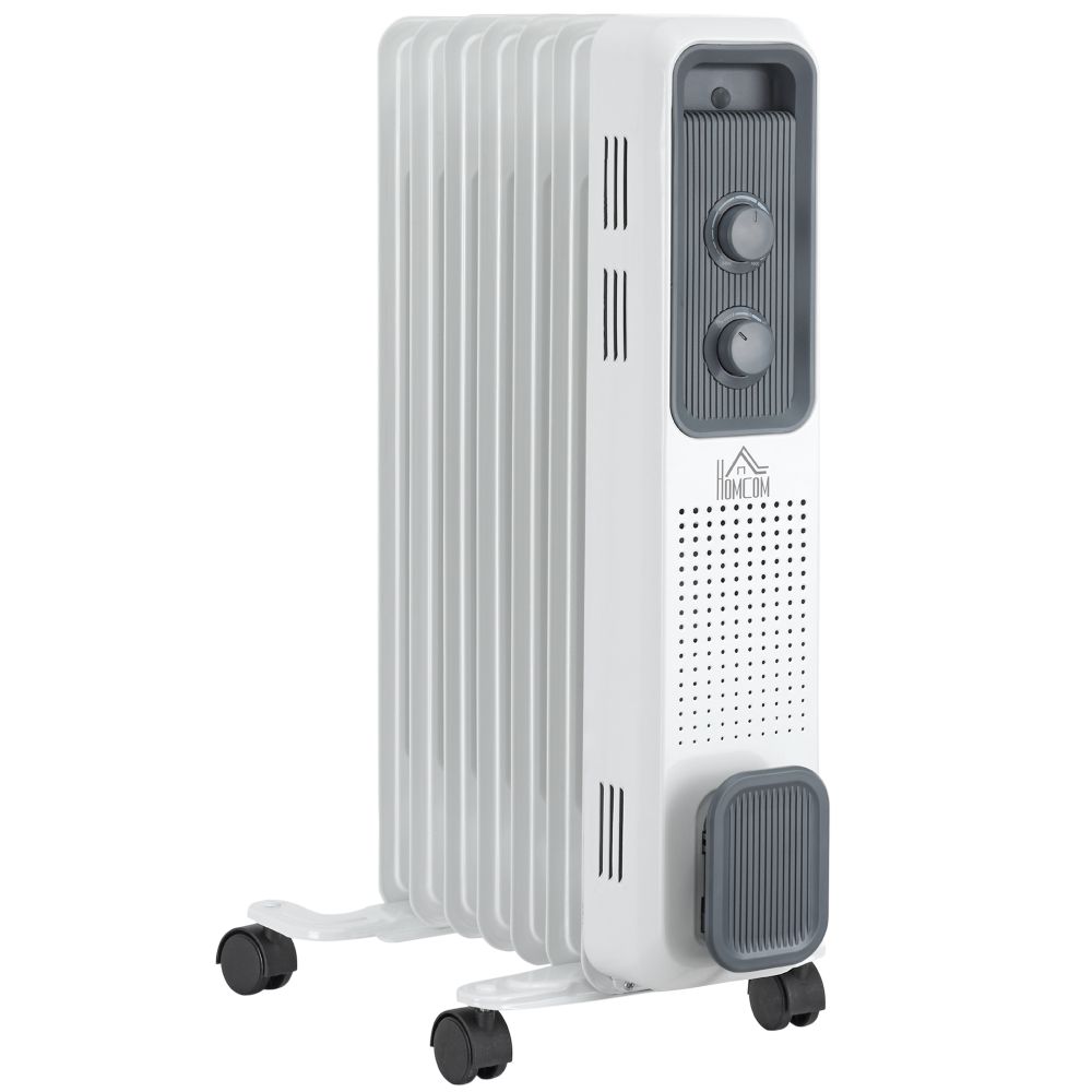 Oil Filled Radiator 7 Fin Portable Heater w, Wheels and 3 Heat Settings, White