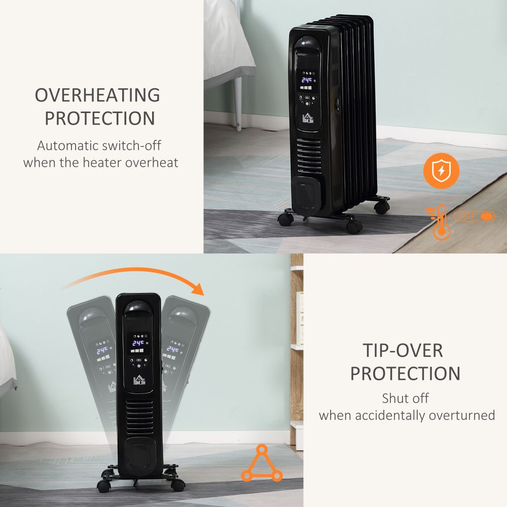 1630W Oil Filled Radiator, 7 Fin Portable Heater w, Timer Remote Control Black
