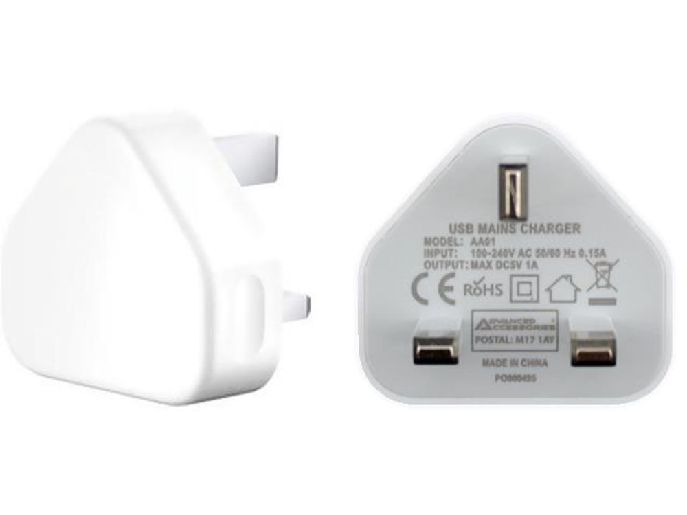 Advanced Accessories USB Mains Charger 1amp White