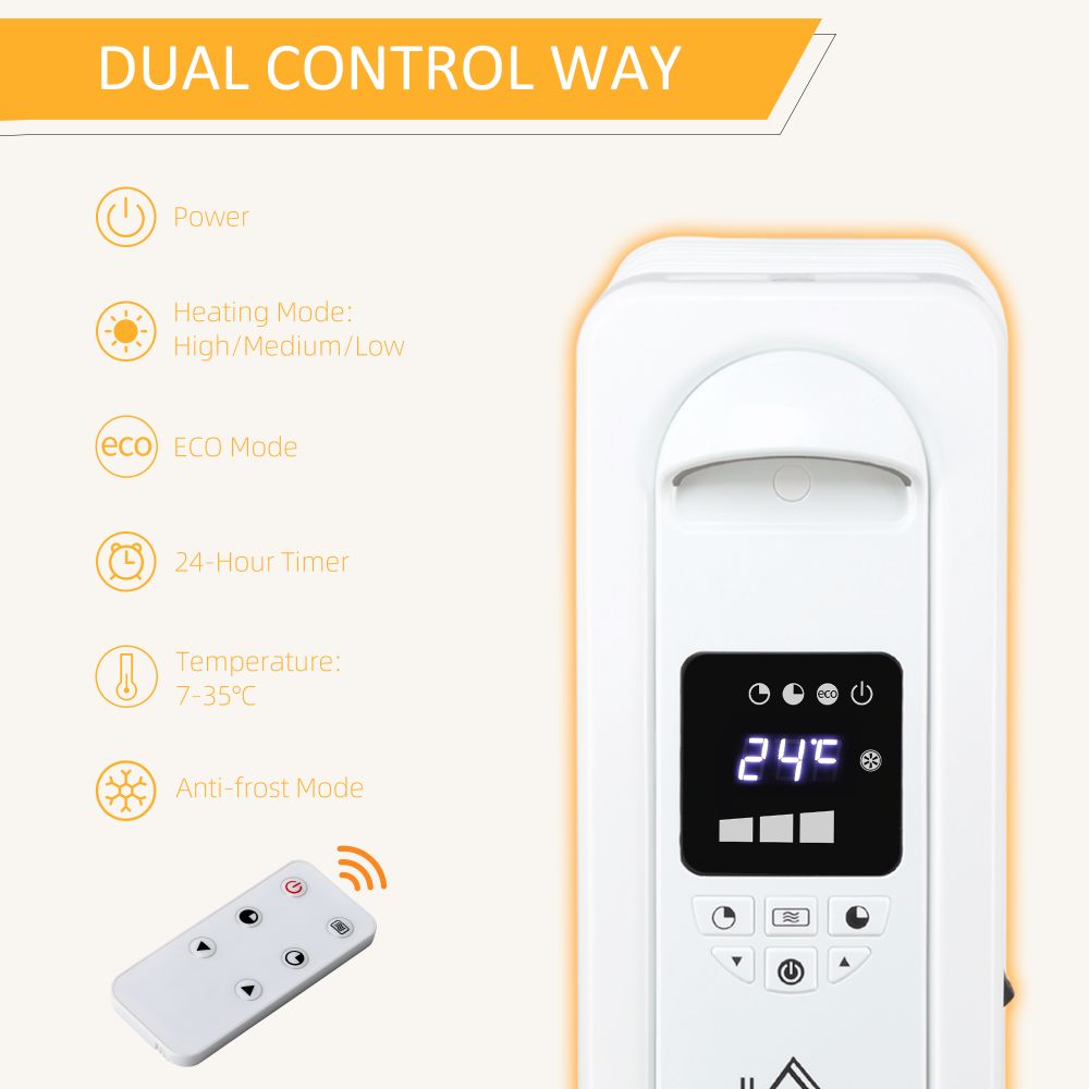 2180W Oil Filled Radiator, 9 Fin Portable Heater w, Timer Remote Control White