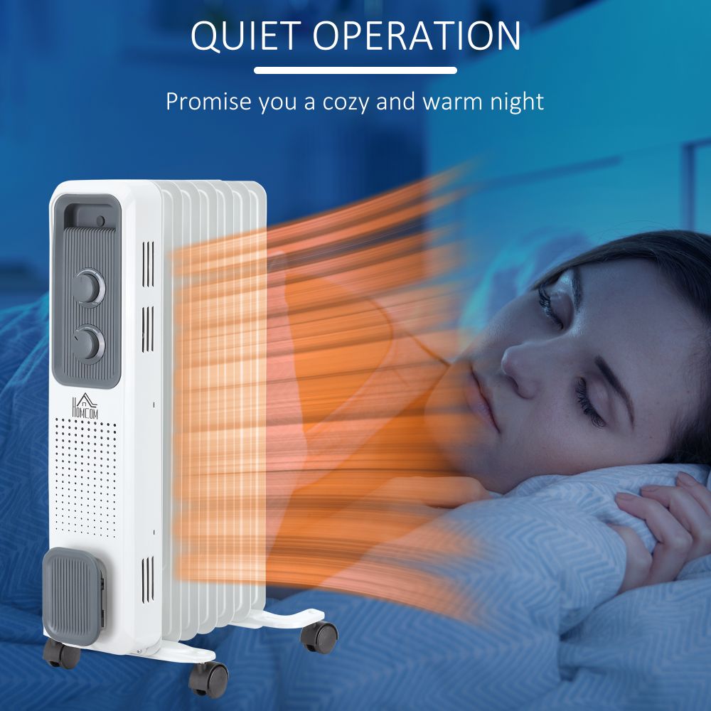 Oil Filled Radiator 7 Fin Portable Heater w, Wheels and 3 Heat Settings, White