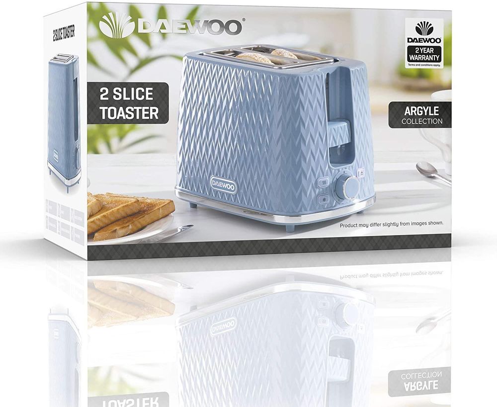 Daewoo Argyle Collection 2 Slice Patterned Toaster 6 Time Settings Light Blue