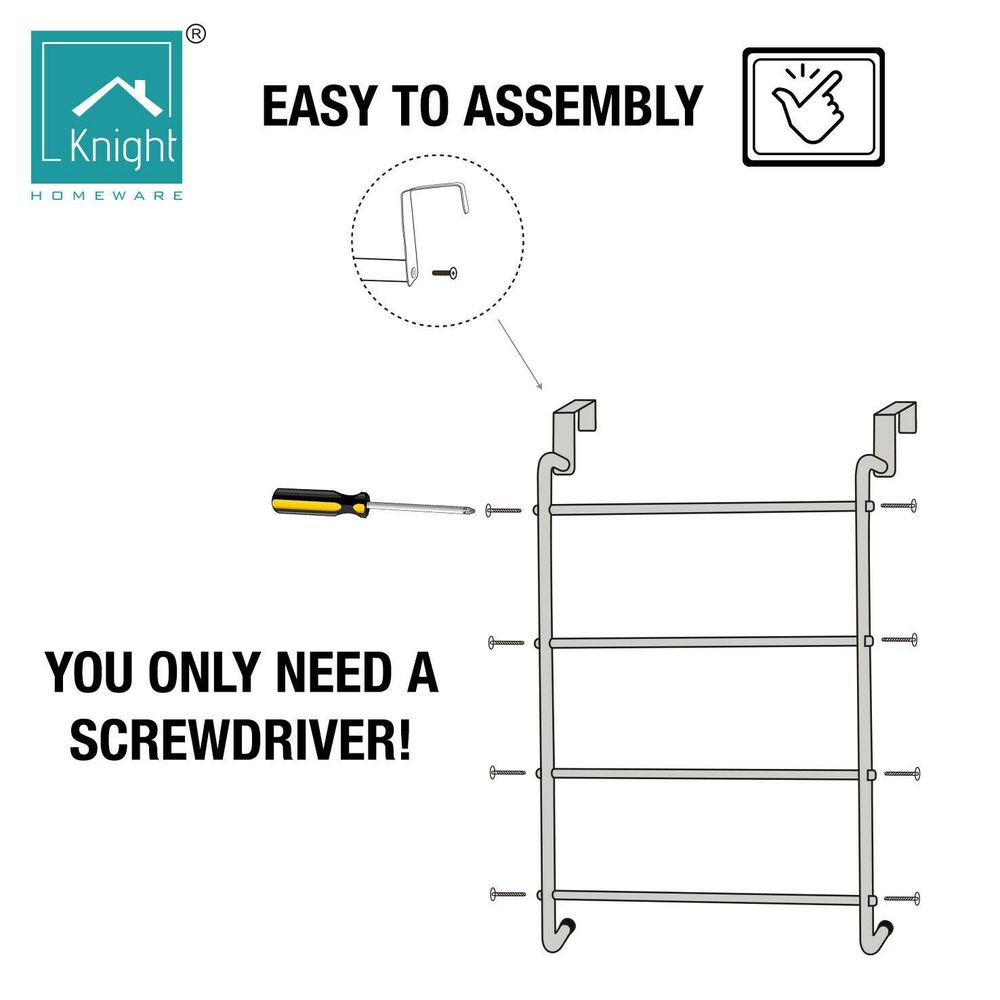KNIGHT Over the Door 4 Tier Towel Rail Clothes Airer in Chrome Plated Metal