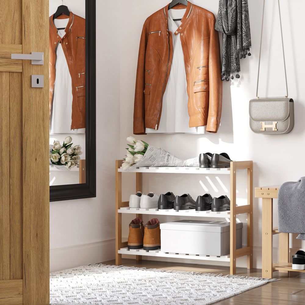 3-Tier Shoe Rack Wood Frame Slatted Shelves Storage 70L x 26W x57.5H cm