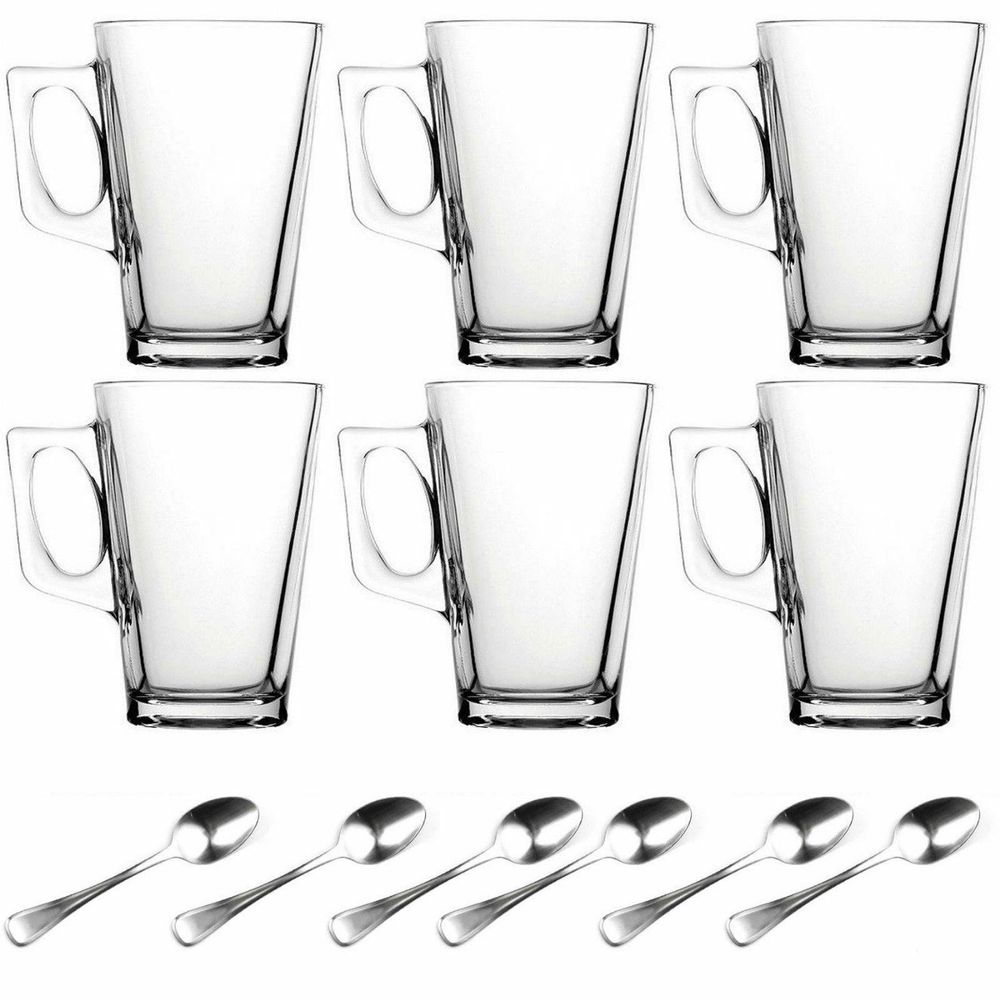 6 X 240ml Latte Glasses Tea Coffee Cappuccino Glass Cups Hot Drink Mugs With Spoons