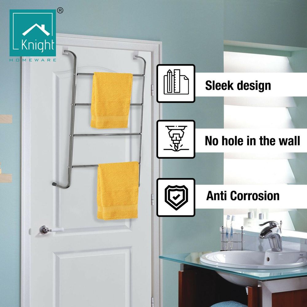 KNIGHT Over the Door 4 Tier Towel Rail Clothes Airer in Chrome Plated Metal