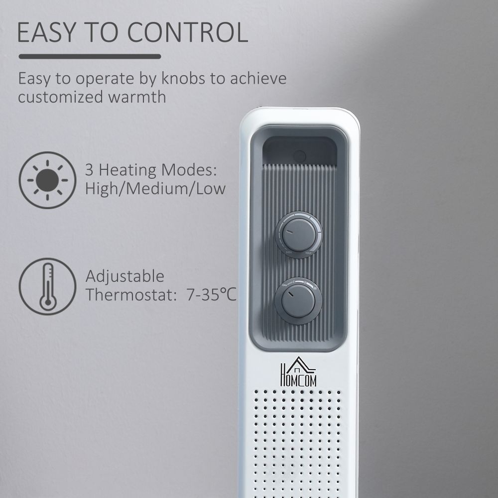 Oil Filled Radiator 7 Fin Portable Heater w, Wheels and 3 Heat Settings, White
