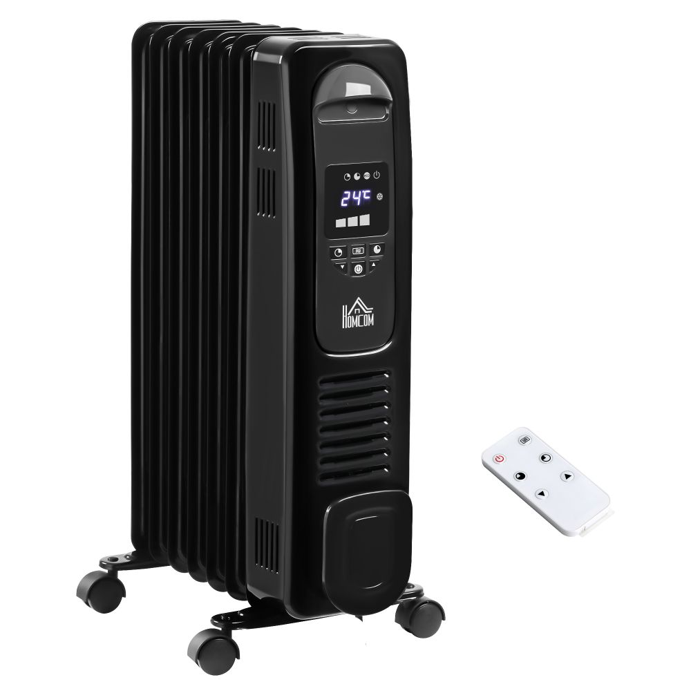 1630W Oil Filled Radiator, 7 Fin Portable Heater w, Timer Remote Control Black
