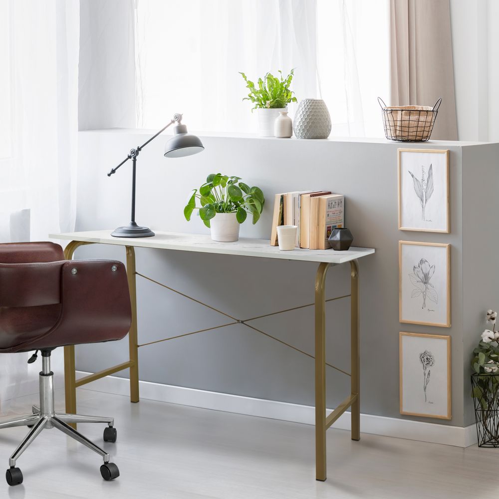 Office Wooden Computer Desk, Study Writing Table, White Faux Marble