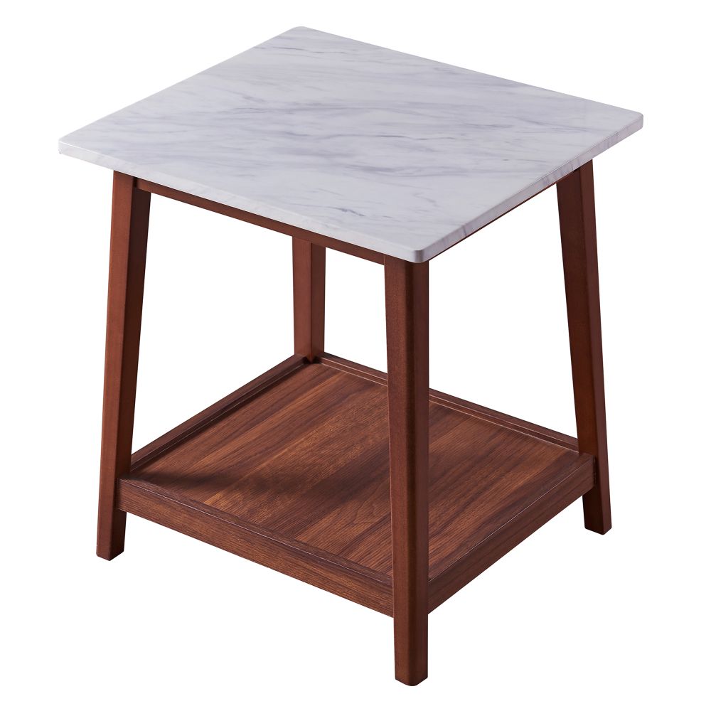 Wooden Side Table with Marble Effect Top & Shelf, Coffee End Table
