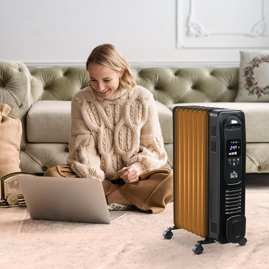 2180W Oil Filled Radiator, 9 Fin Portable Heater w, Timer Remote Control Black