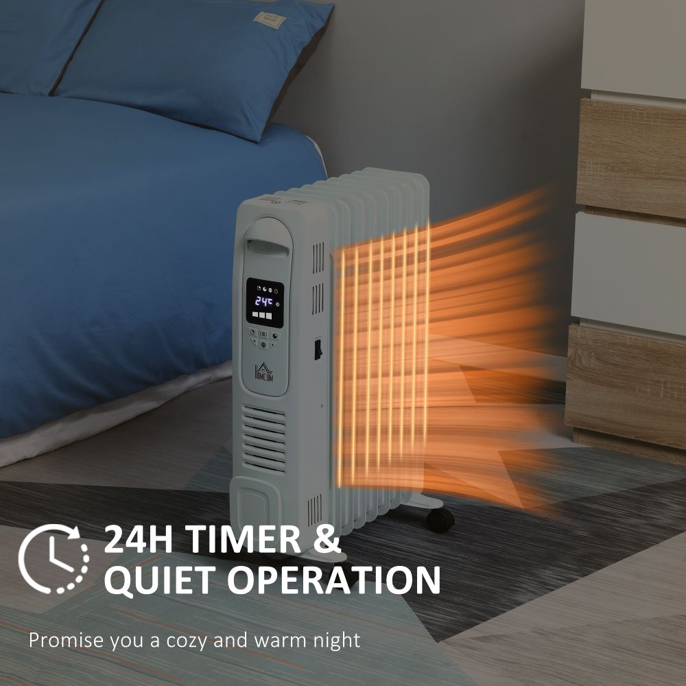 2180W Oil Filled Radiator, 9 Fin Portable Heater w, Timer Remote Control White