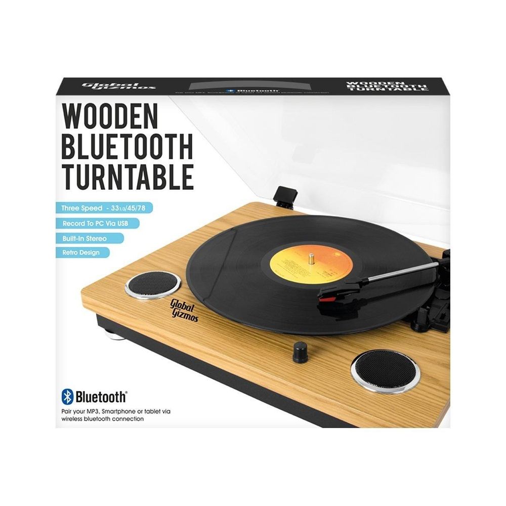 Global Gizmos Wooden Bluetooth Turntable with­ Built-In Speakers and MP3 Transfer