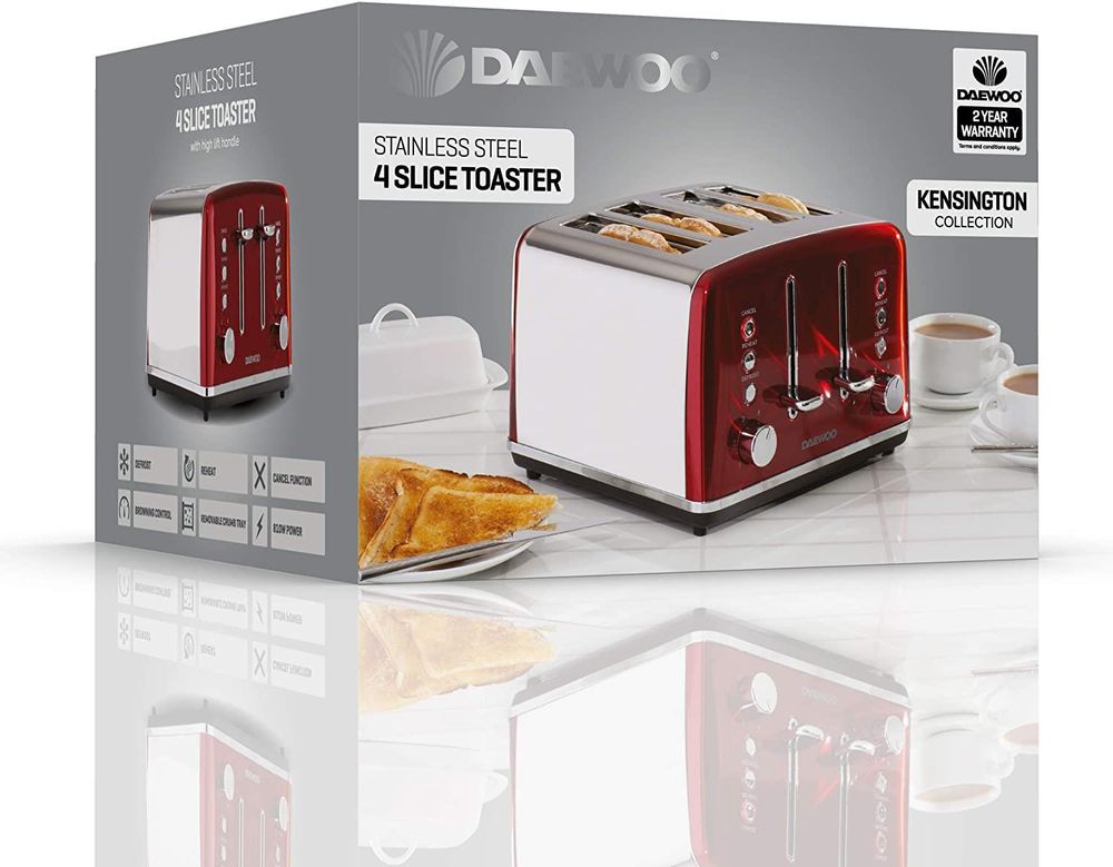 Daewoo Kensington 4 Slice Toaster Defrost Reheat Stainless Steel Red 1750W