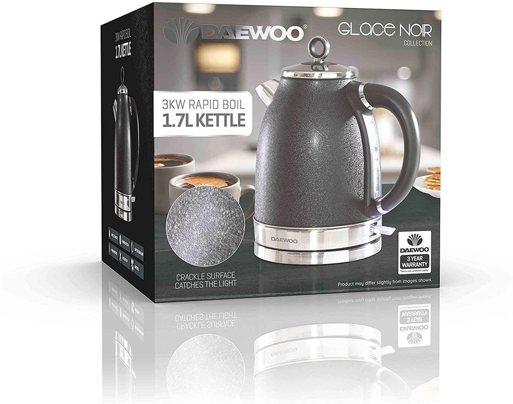Daewoo Glace Noir 1.7L 3kw Electric Dome Kettle Rapid Boil Crackle Effect Black