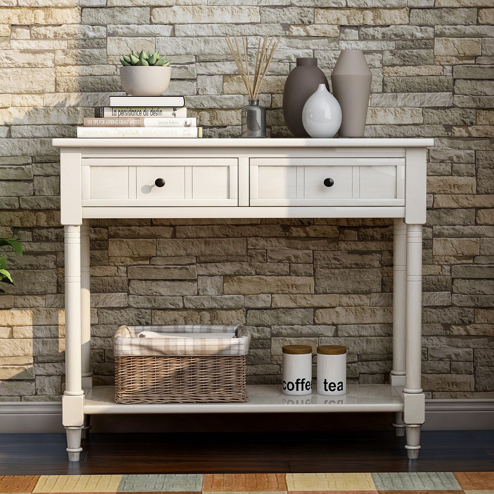 Daisy Series Console Table with Two Drawers and Bottom Shelf (Ivory White)