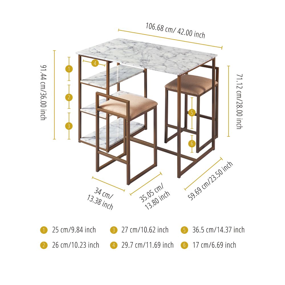 Breakfast Dining Set, Bar Table & 2 Padded Stool Chairs & Storage