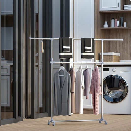 Adjustable Clothes Hanger Storage Clots Rail Garments Shelf Wheels