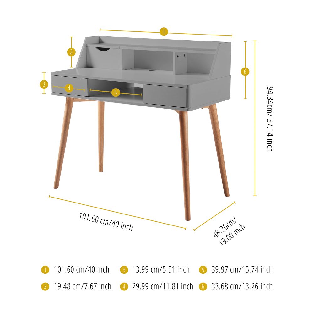 Creativo Wooden Writing Desk with Storage, Light Grey/Natural
