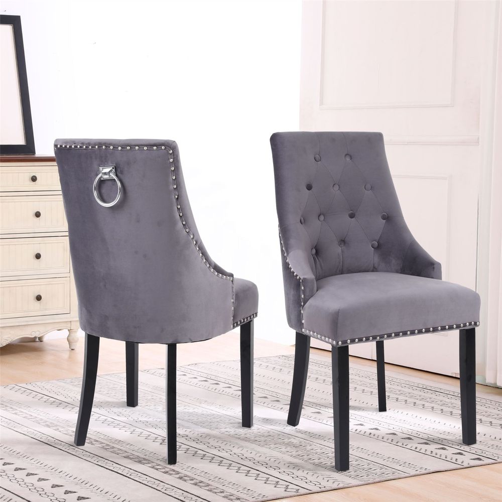 Set of Two Studded Velvet Dining Chair with Ring Knocker Detail
