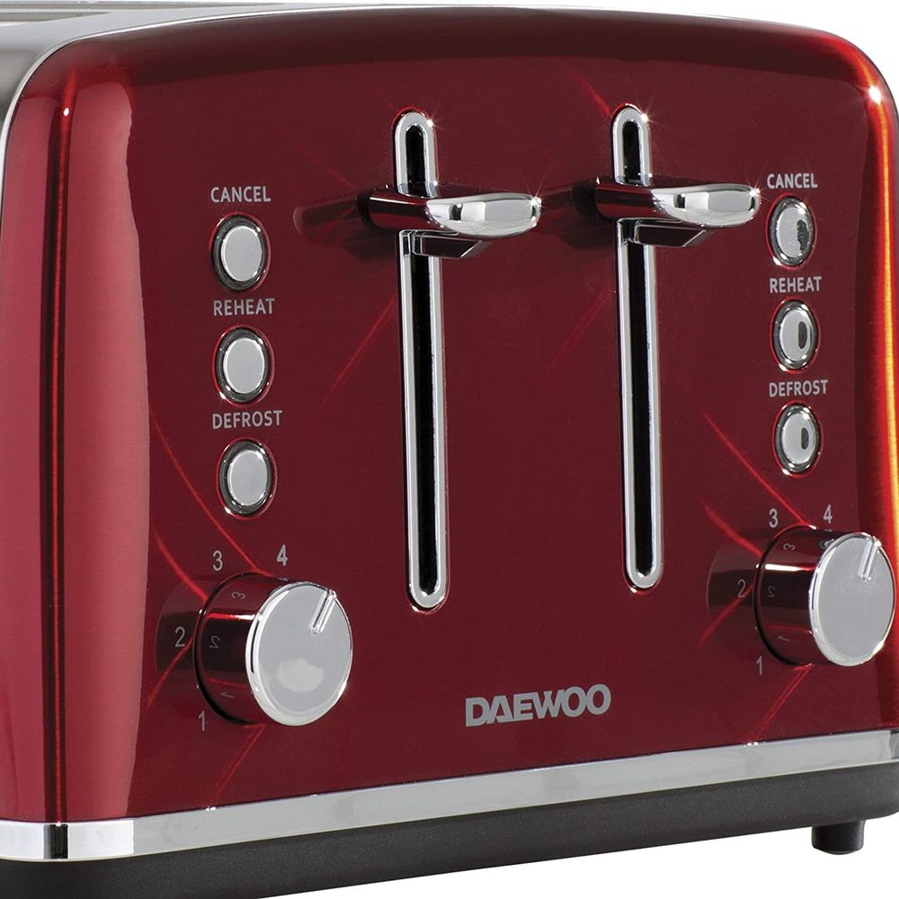 Daewoo Kensington 4 Slice Toaster Defrost Reheat Stainless Steel Red 1750W