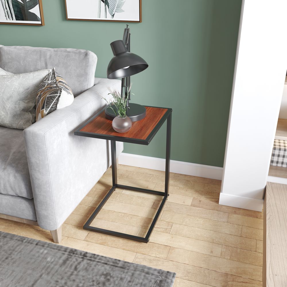 Industrial C-Shape Side Table w, Steel Frame Wide Base Foot Pads Walnut