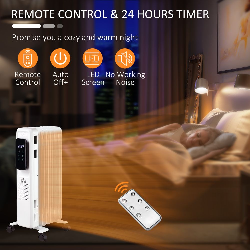 1630W Oil Filled Radiator, 7 Fin Portable Heater w, Timer Remote Control White