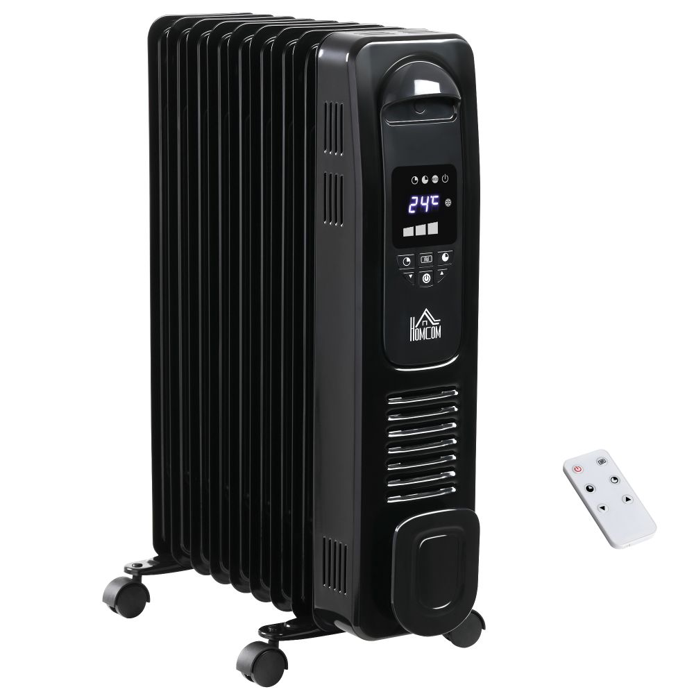 2180W Oil Filled Radiator, 9 Fin Portable Heater w, Timer Remote Control Black