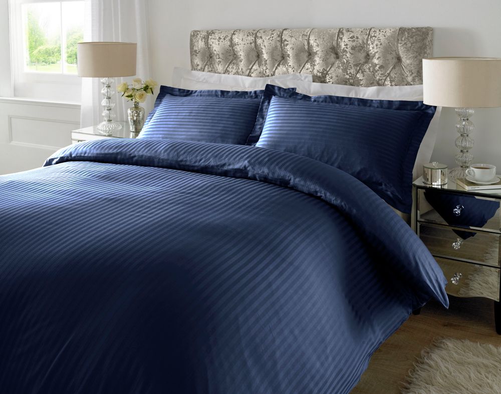 300 TC - 100% Cotton Sateen Stripe Duvet Cover Set Navy Blue