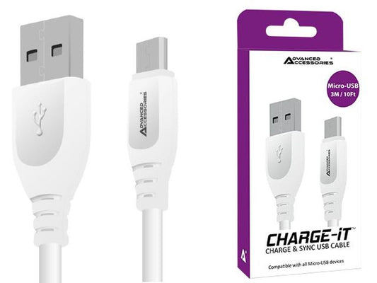 Advanced Accessories CHARGE-IT Micro USB Cable - 3 Metres-White