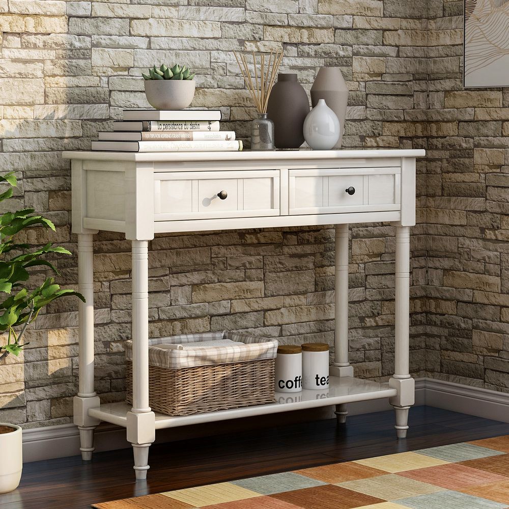 Daisy Series Console Table with Two Drawers and Bottom Shelf (Ivory White)