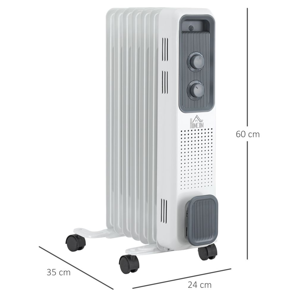 Oil Filled Radiator 7 Fin Portable Heater w, Wheels and 3 Heat Settings, White
