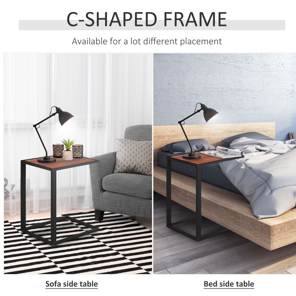 Industrial C-Shape Side Table w, Steel Frame Wide Base Foot Pads Walnut