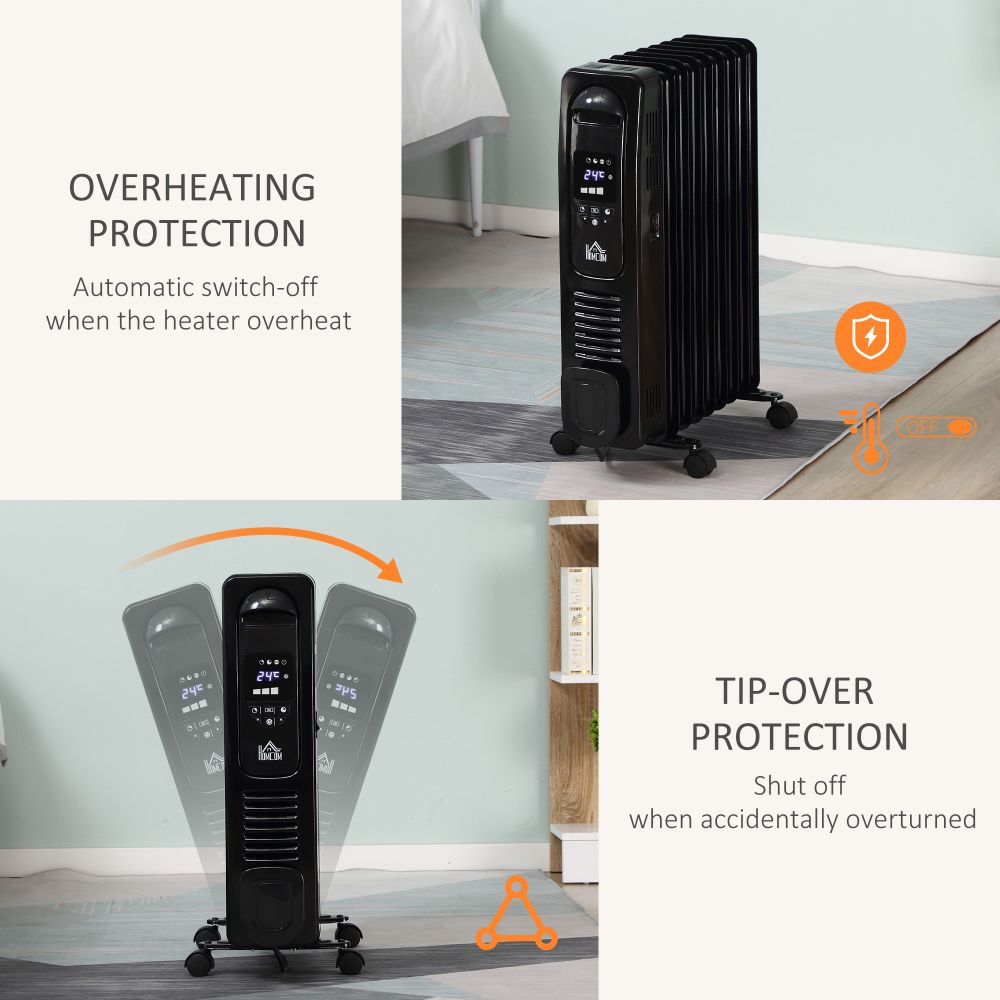 2180W Oil Filled Radiator, 9 Fin Portable Heater w, Timer Remote Control Black