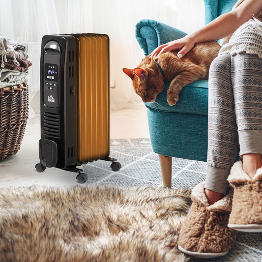 1630W Oil Filled Radiator, 7 Fin Portable Heater w, Timer Remote Control Black