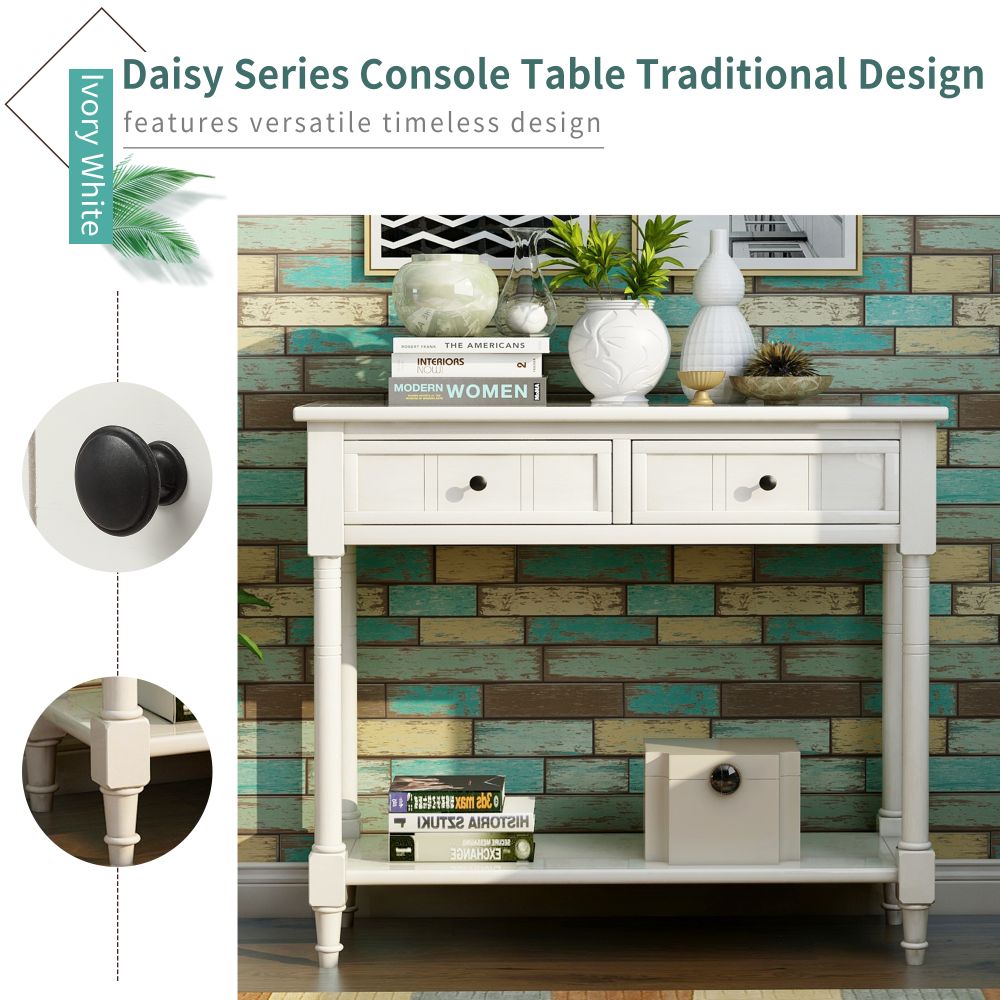 Daisy Series Console Table with Two Drawers and Bottom Shelf (Ivory White)