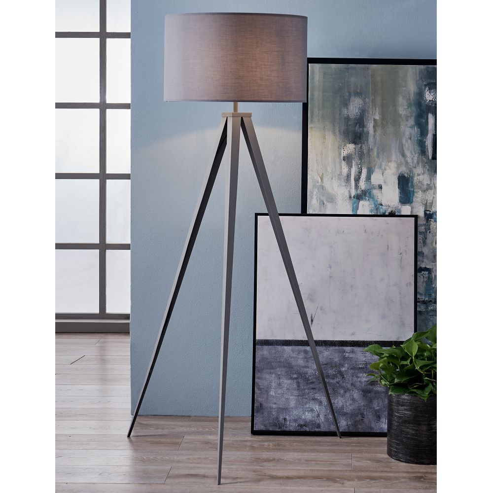 Romanza Tripod Standing Floor Lamp & Shade, Modern Lighting, Grey