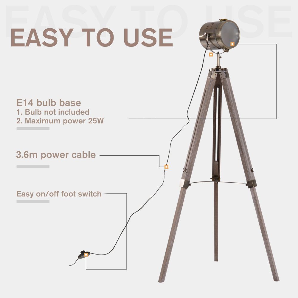 Vintage Tripod Floor Lamp Spotlight Searchlight Height Adjustable Copper Finish