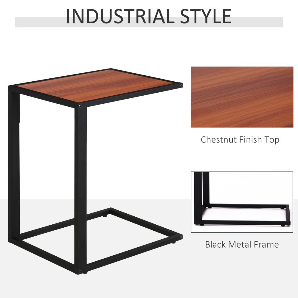 Industrial C-Shape Side Table w, Steel Frame Wide Base Foot Pads Walnut