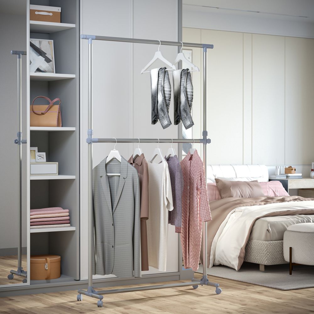 Adjustable Clothes Hanger Storage Clots Rail Garments Shelf Wheels