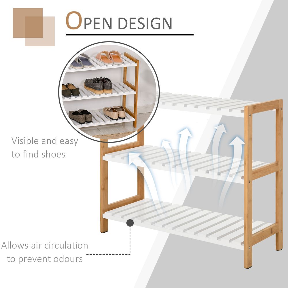 3-Tier Shoe Rack Wood Frame Slatted Shelves Storage 70L x 26W x57.5H cm