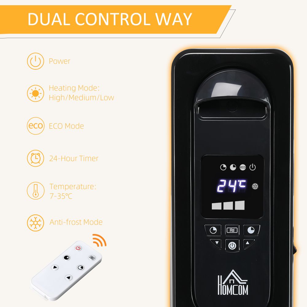 1630W Oil Filled Radiator, 7 Fin Portable Heater w, Timer Remote Control Black