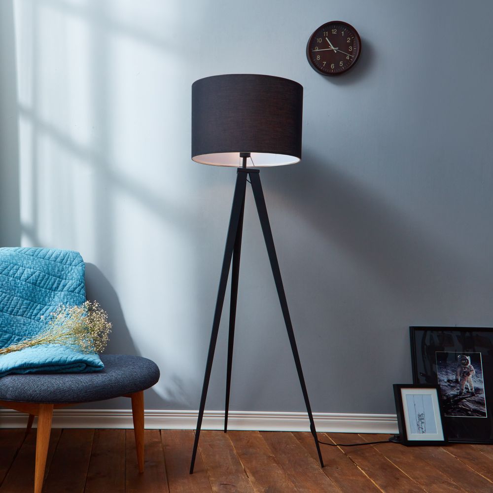 Romanza Tripod Standing Floor Lamp & Shade, Modern Lighting, Black