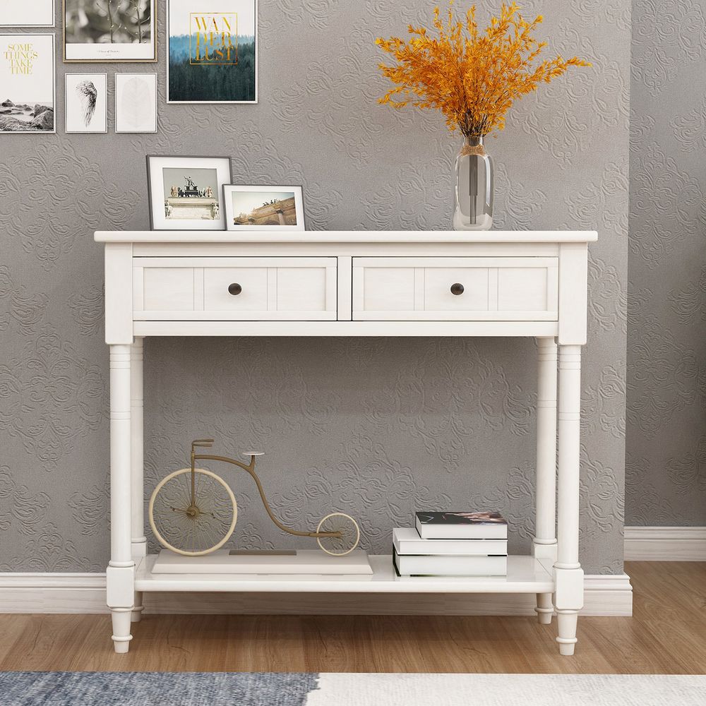 Daisy Series Console Table with Two Drawers and Bottom Shelf (Ivory White)