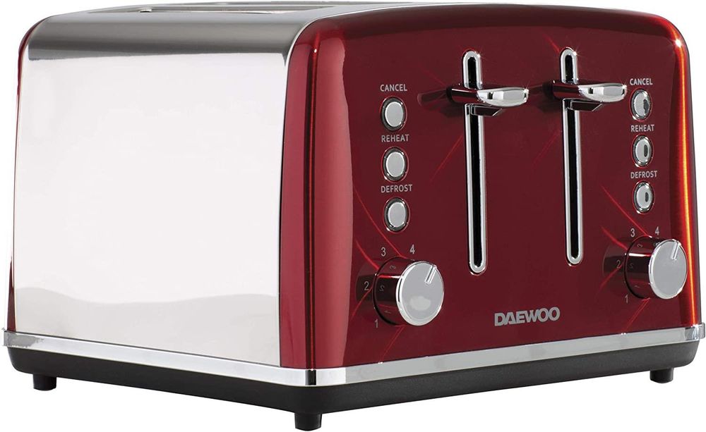 Daewoo Kensington 4 Slice Toaster Defrost Reheat Stainless Steel Red 1750W