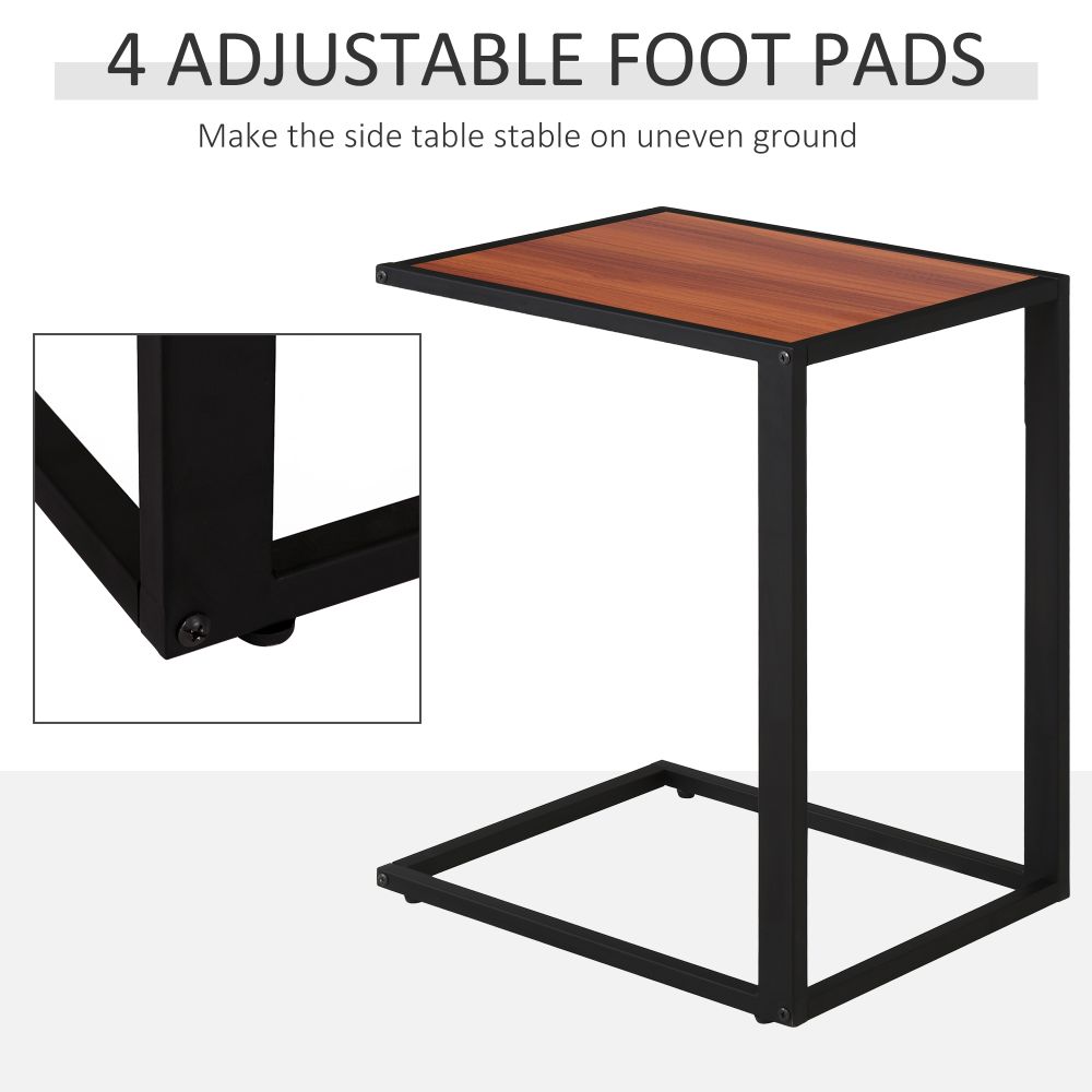 Industrial C-Shape Side Table w, Steel Frame Wide Base Foot Pads Walnut
