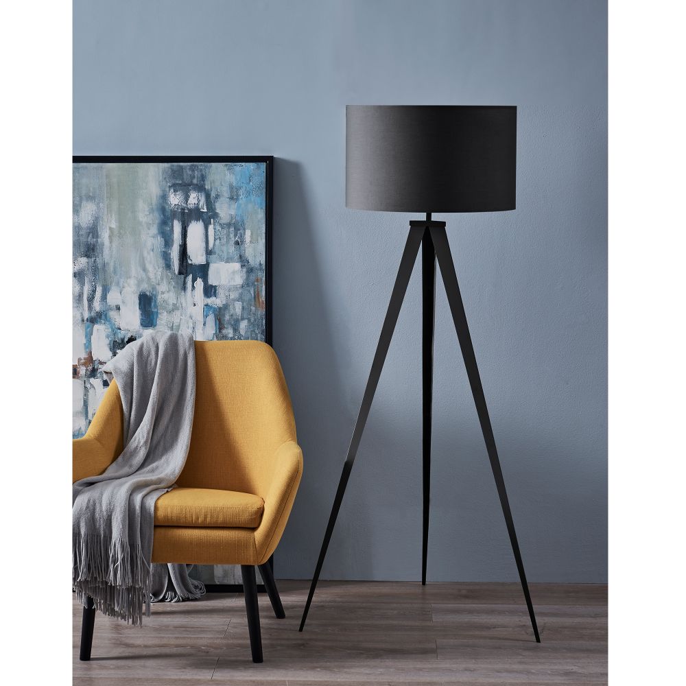 Romanza Tripod Standing Floor Lamp & Shade, Modern Lighting, Black